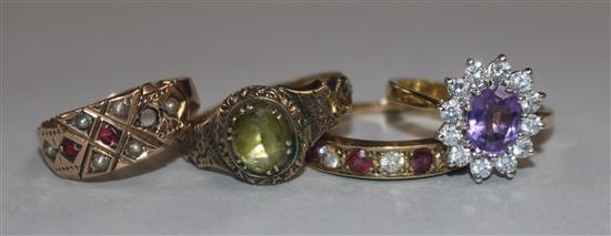 A 19ct century gold and gem set ring, two later 9ct gold and gem set rings and an 18ct gold and gem set ring.